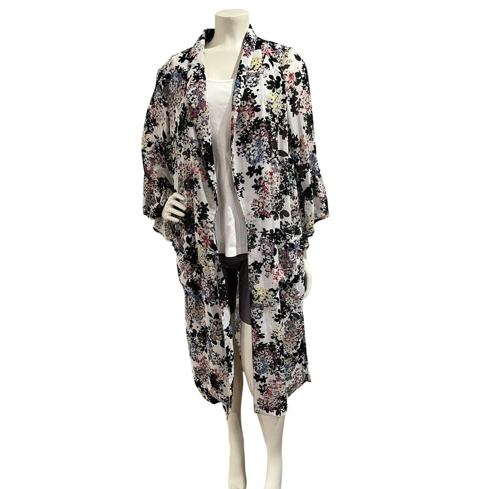 Womens Small White Floral Chiffon Long Duster Open Jacket Topper Pockets